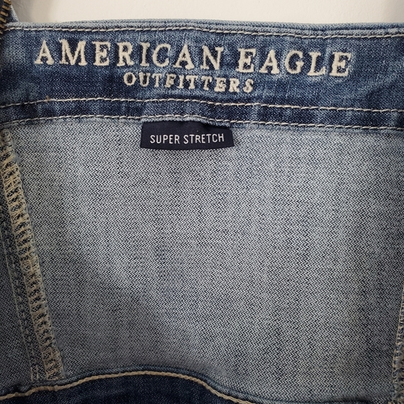 AMERICAN EAGLE Sz 6 Blue Denim Jean Overall Mini Dress Front Zip Straps Stretch - Picture 6 of 14